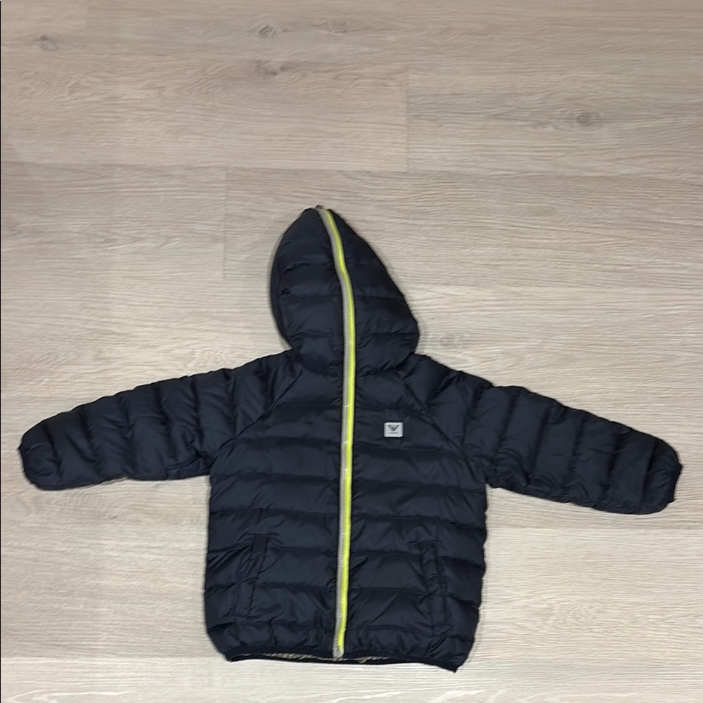 Emporio Armani 4T Navy Puffer Reversible Jacket with Yellow Grey Zipper